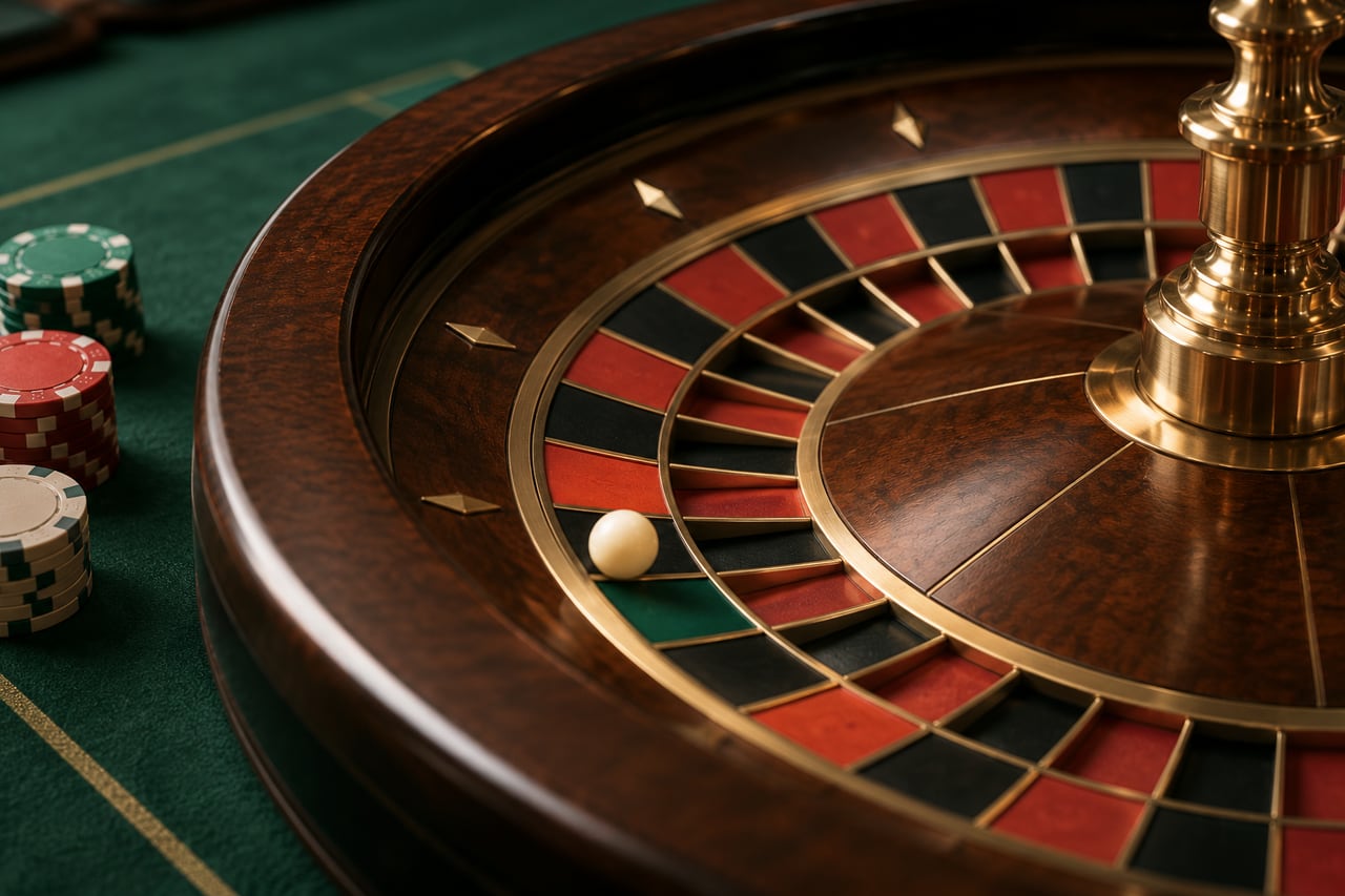 A close view of a roulette wheel, its separated pockets and an ivory ball.